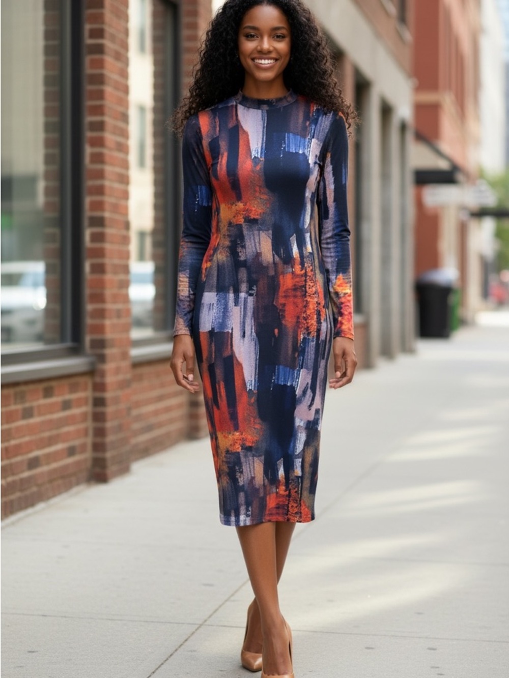 STYLEWE Navy and Orange Abstract Brushstroke Midi Dress